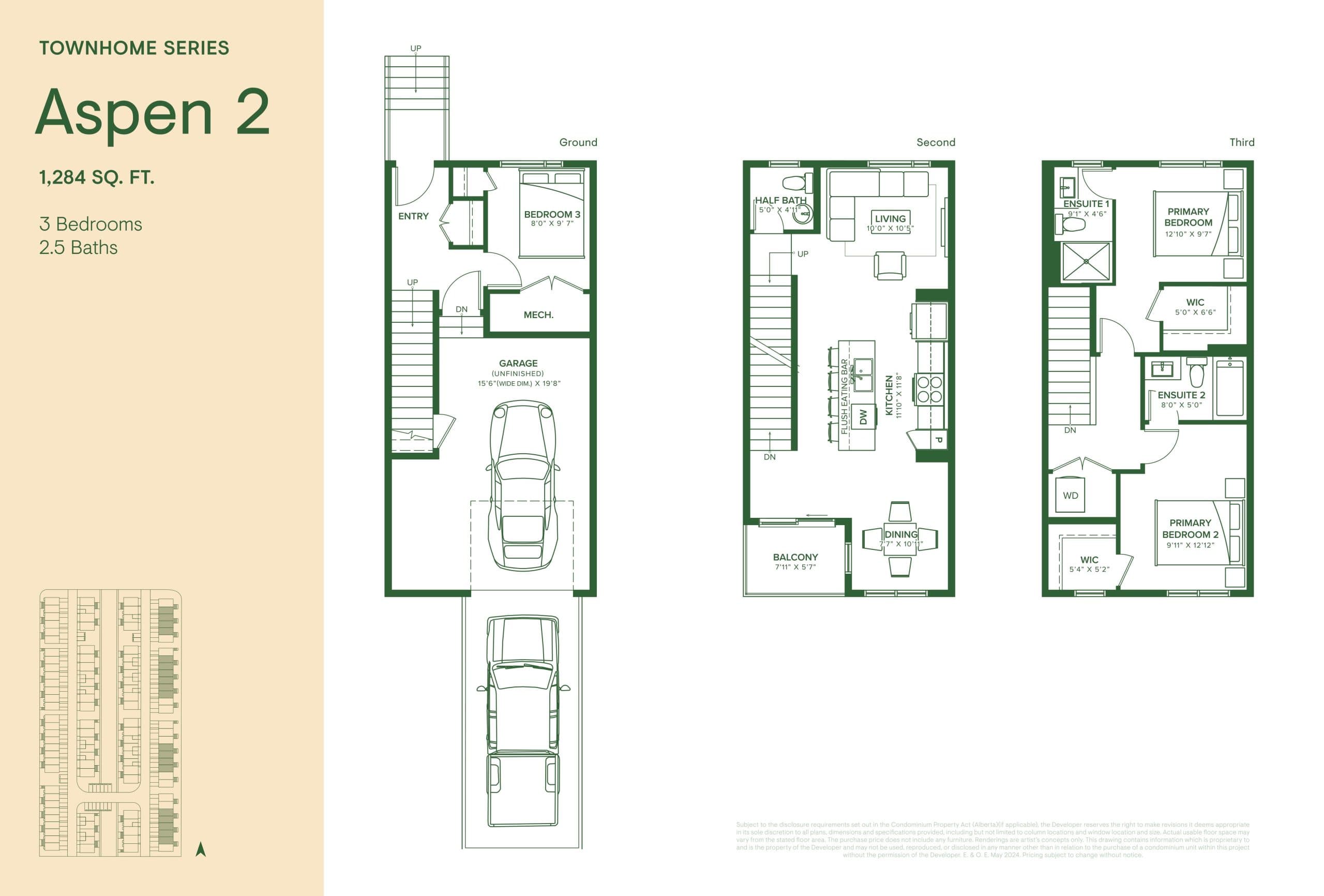 Aspen 2 Floor Plan at The Grove Townhomes at Wildflower Phase 4 - 1284 sq.ft