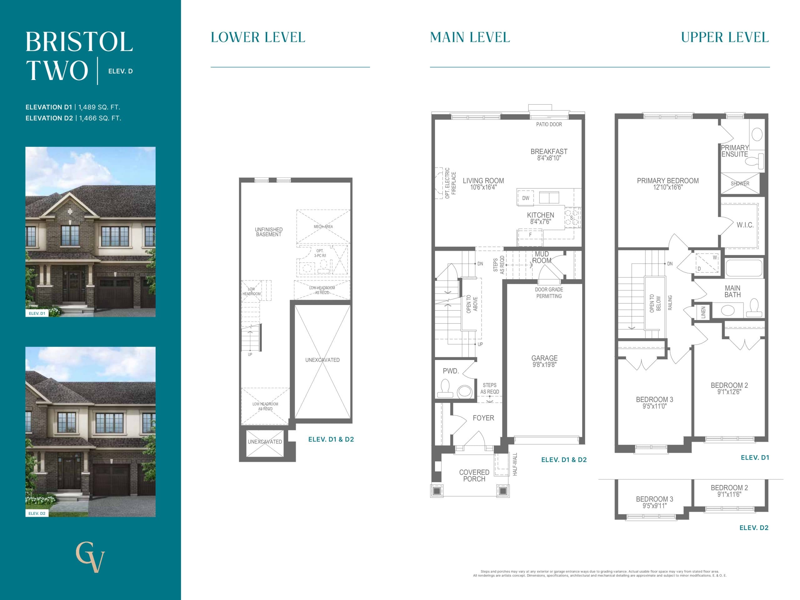 Bristol Two - Elevation D Floor Plan at Georgina View Homes - 1466 sq.ft